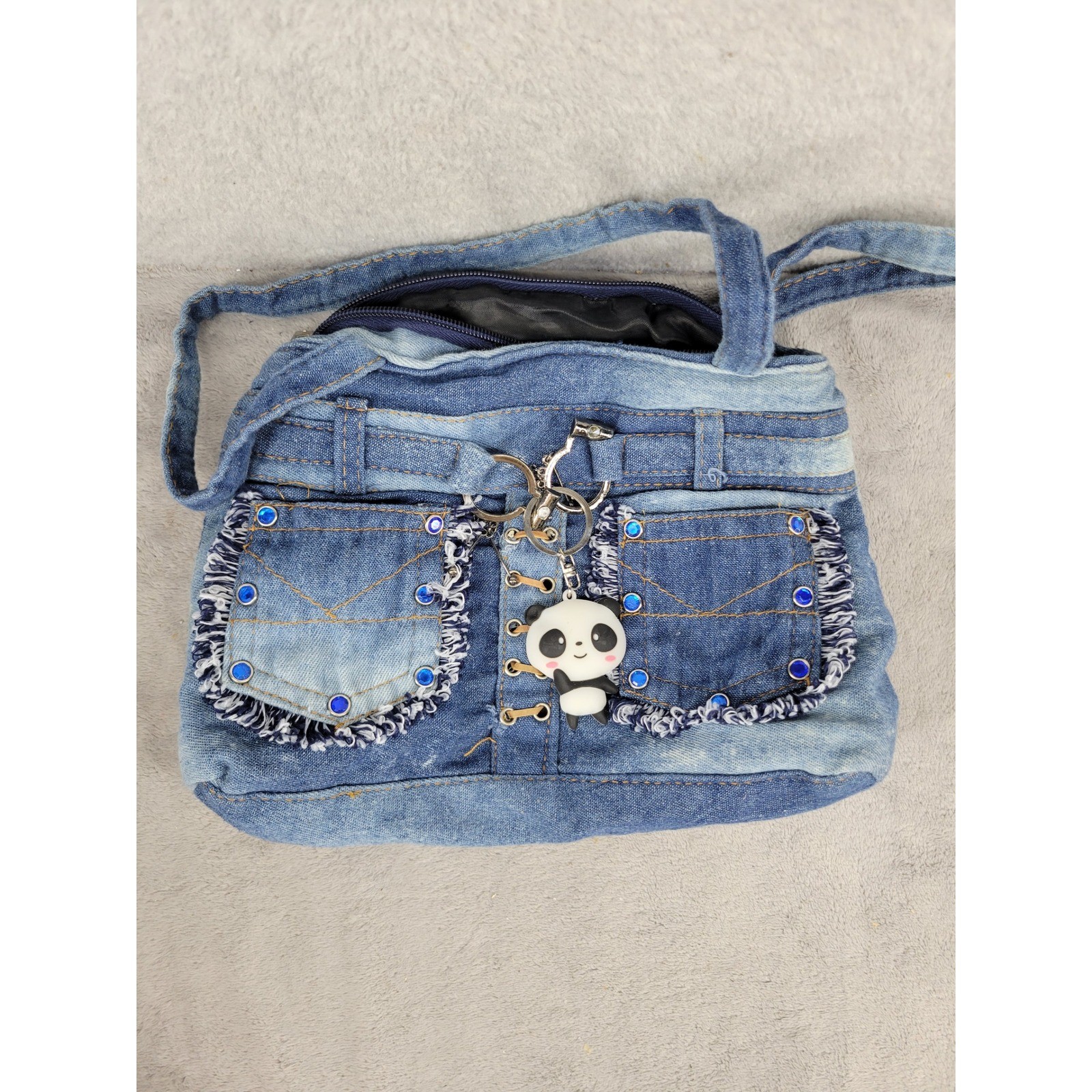 Denim Small Purse Panda Charm Blue Jeans Shoulder Bag