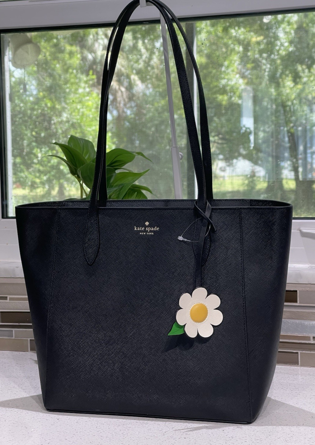 KATE SPADE DANA SHOULDER TOTE ZIP BAG PURSE CARRYALL BLACK DAISY FLOWER GOLD