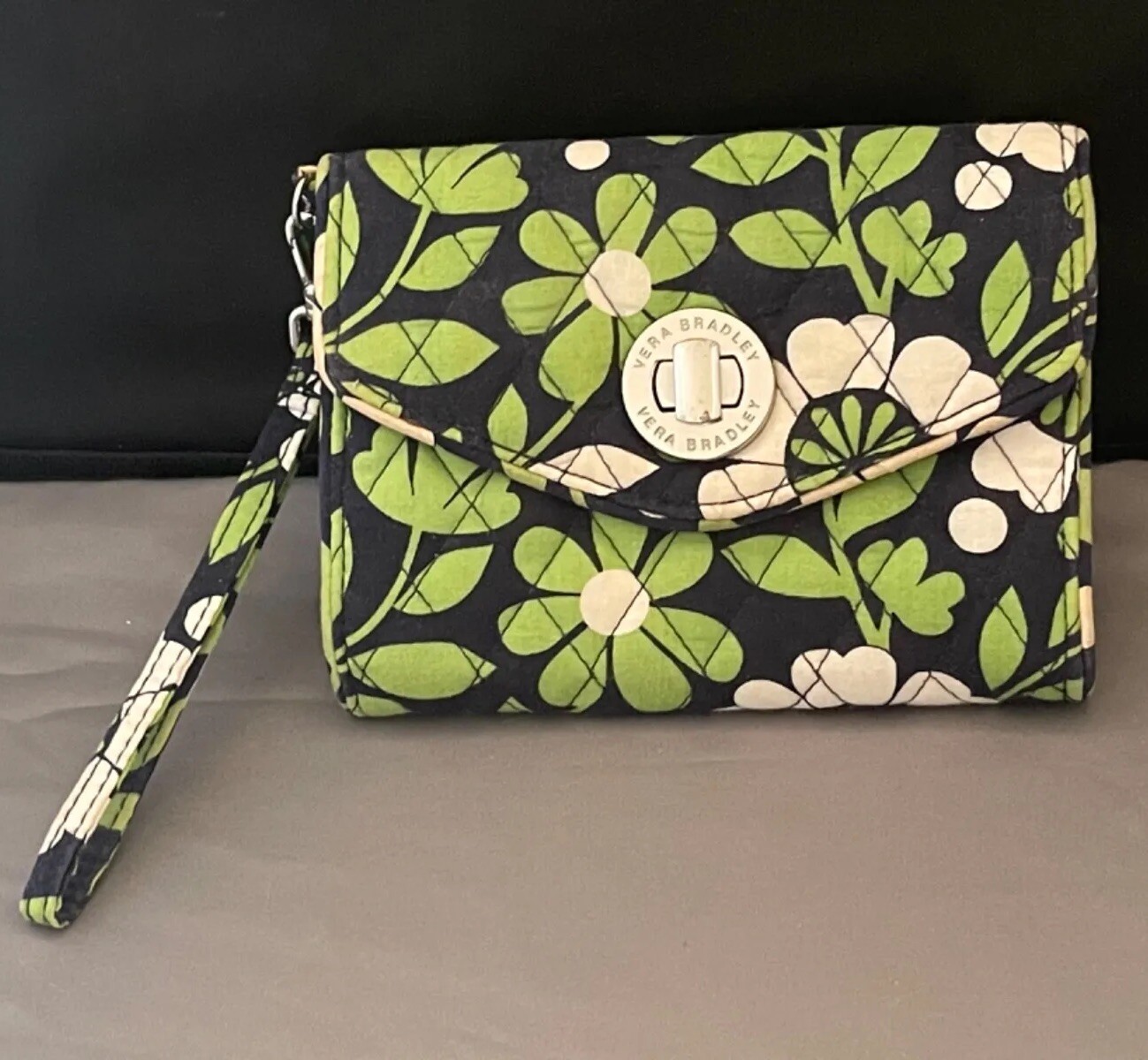 Vera Bradley Lucky You Wristlet Black Lime White Fair Condition