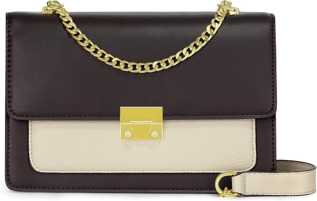 Elegant Vegan Leather Crossbody Bag, Brown/Apricot Purse with Chain Strap