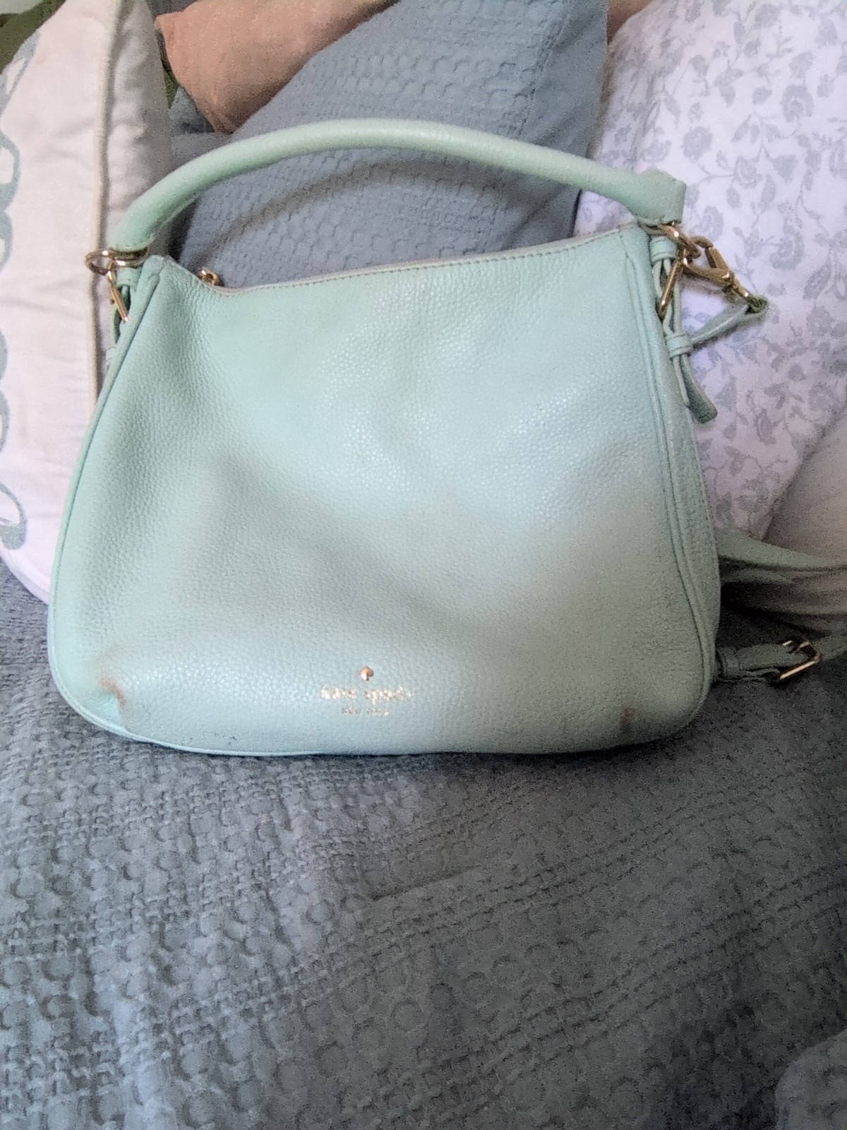 Kate Spade Pebbled Leather Crossbody Purse Adjustable Strap Seafoam Green