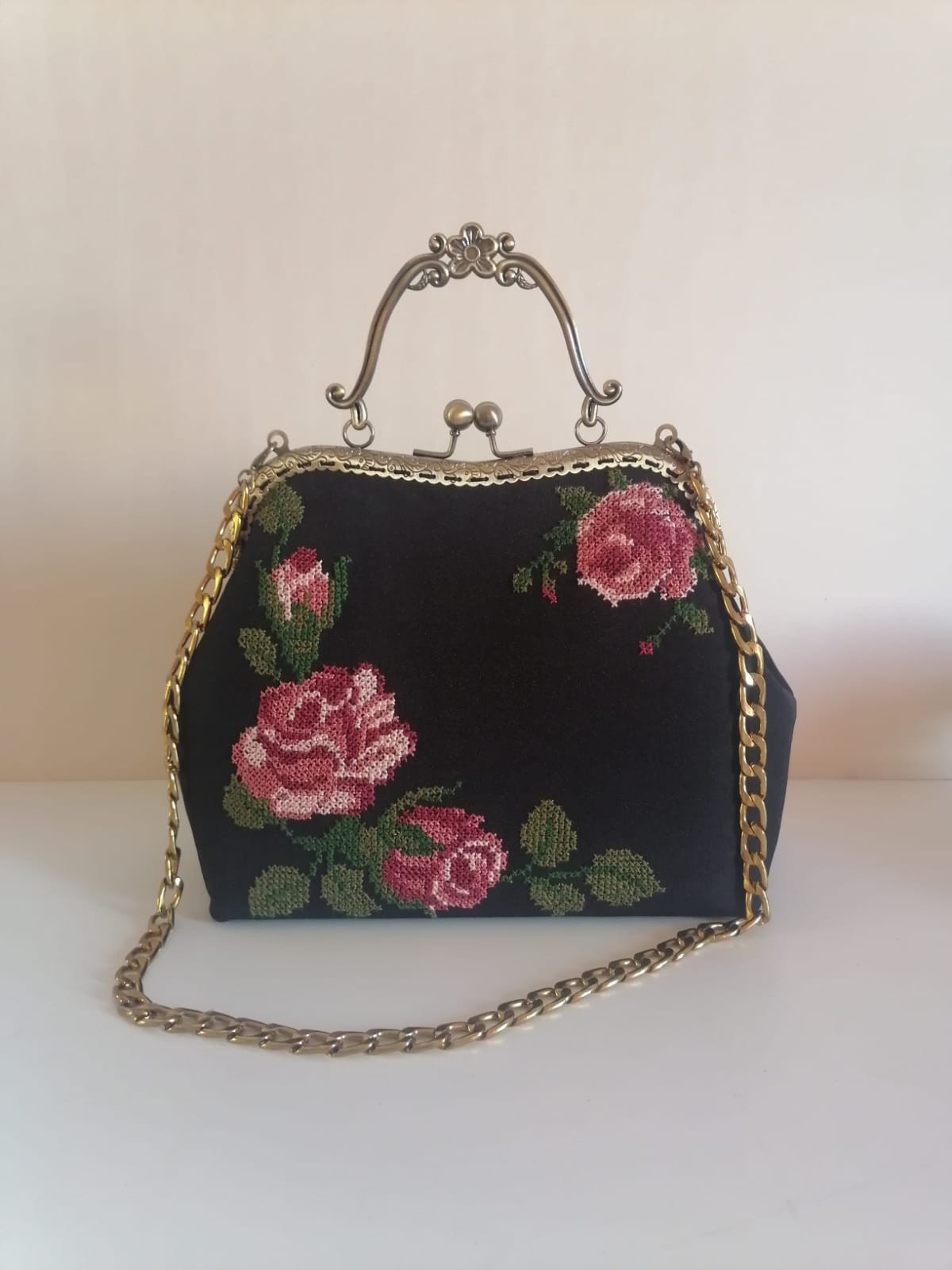 Handmade Embroidered Cross-Stitch Vintage Roses Design Handbag Set–Made to Order