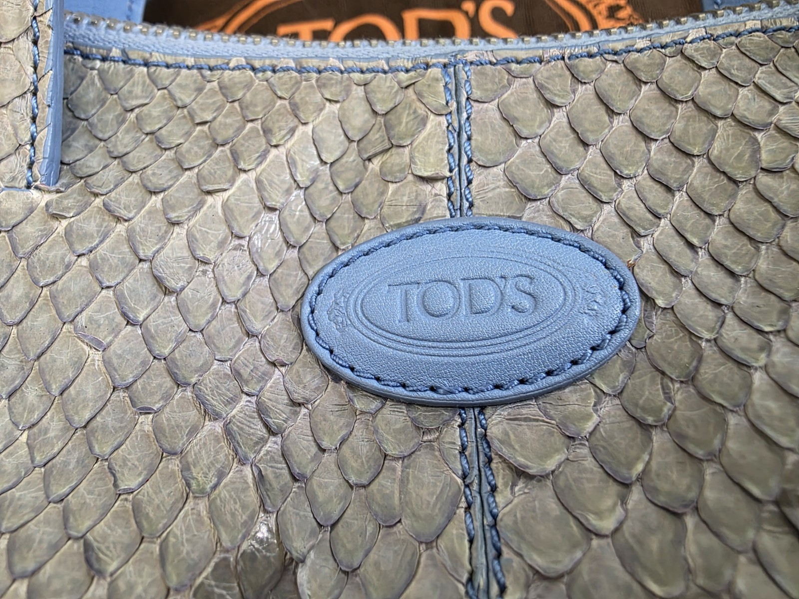 Vintage Tods Mini Blue Python Snakeskin Leather Trim Candy Bag Made In Italy