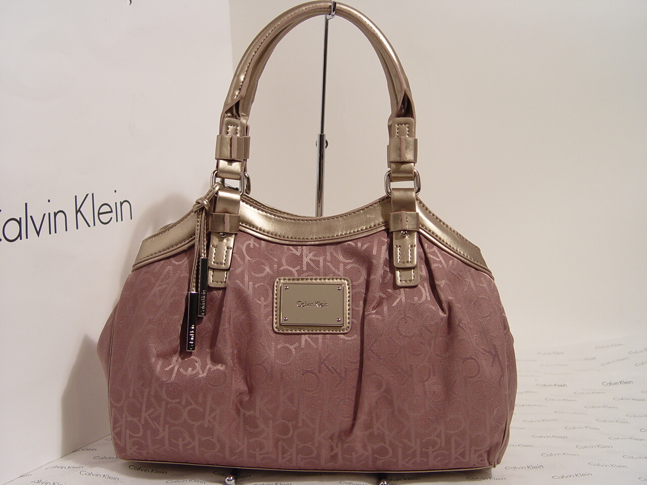 Calvin Klein Logo Jacquard Mauve Pink Metallic Gold Handbag Purse Satchel Bag