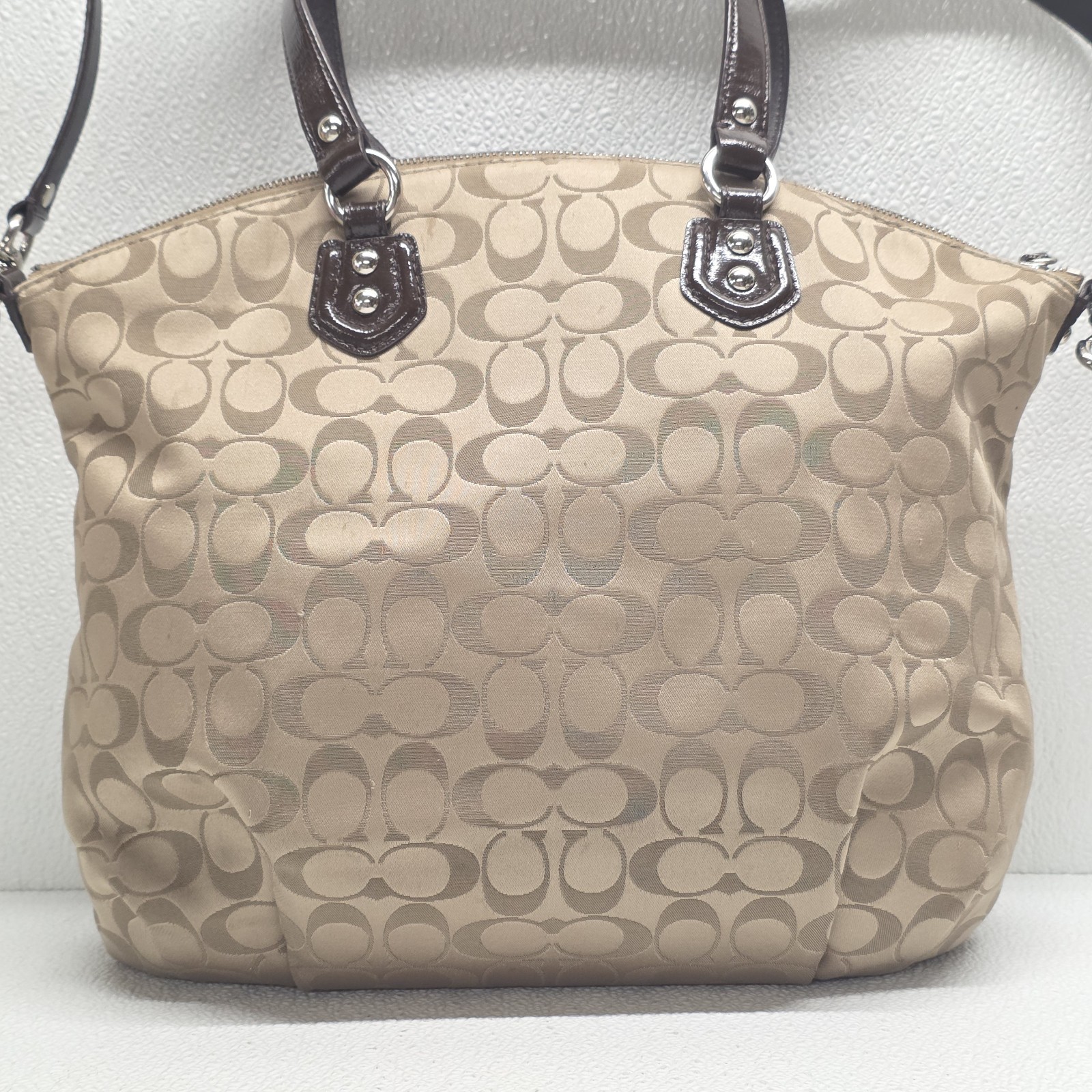 Coach 25185  Signature Ashley Satchel Sateen Fabric Brown Patent Leather Trim