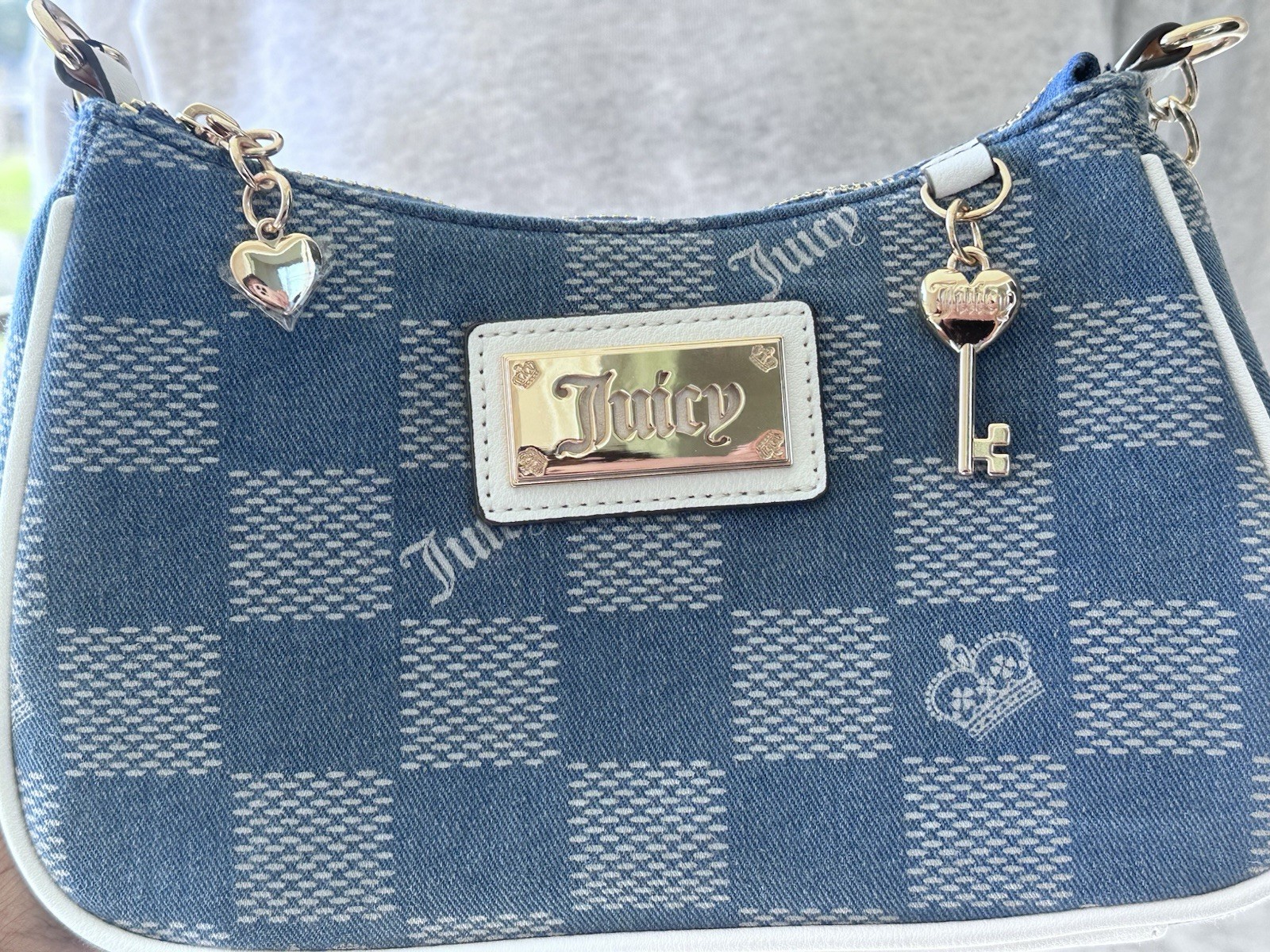 Juicy Couture Miss Independent Shoulder Bag Blue Checkered Heart Charm