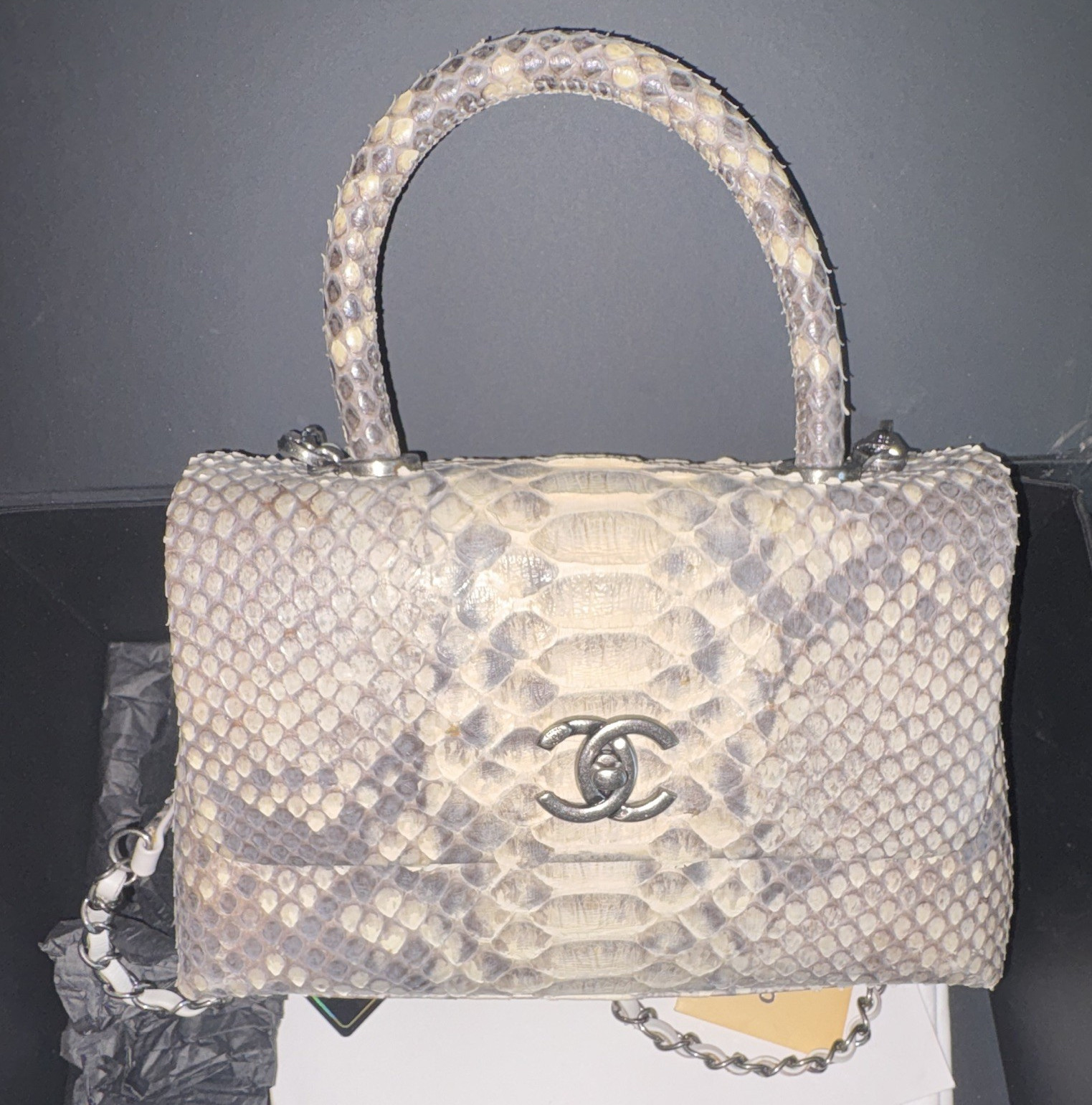 CHANEL Python Mini Top Handle Satchel Chain Strap Turn Lock Beige/Gray Box