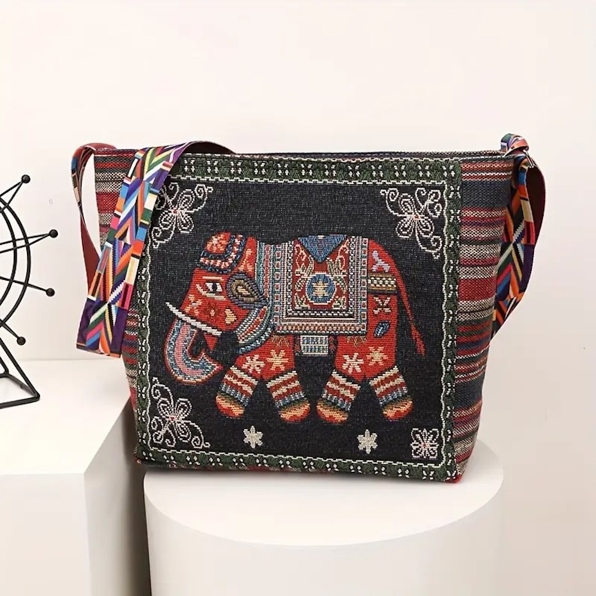 Red Elephant on Blue Black Embroidered Boho Cross Body Bag Tote