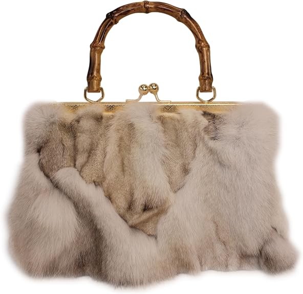 Real Fox Fur Handbag – Vintage Kisslock Purse with Handle, Patchwork from Eth…