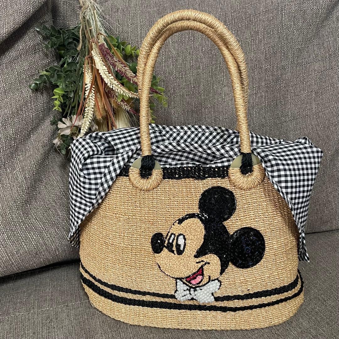 BEAMS BOY Mickey Mouse Gingham Check Straw Tote Bag Pre-owned