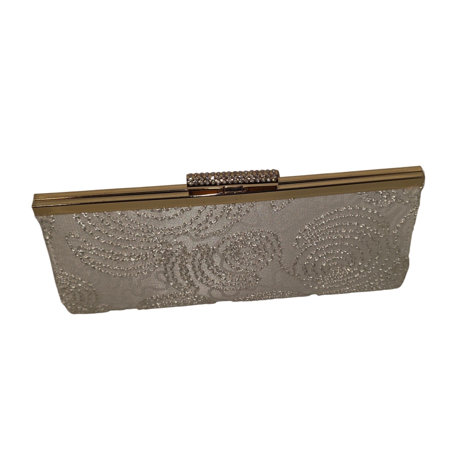NWT Charming Charlie White Embroidered Clutch Bag w/Gold Clasp & Chain MSRP $34