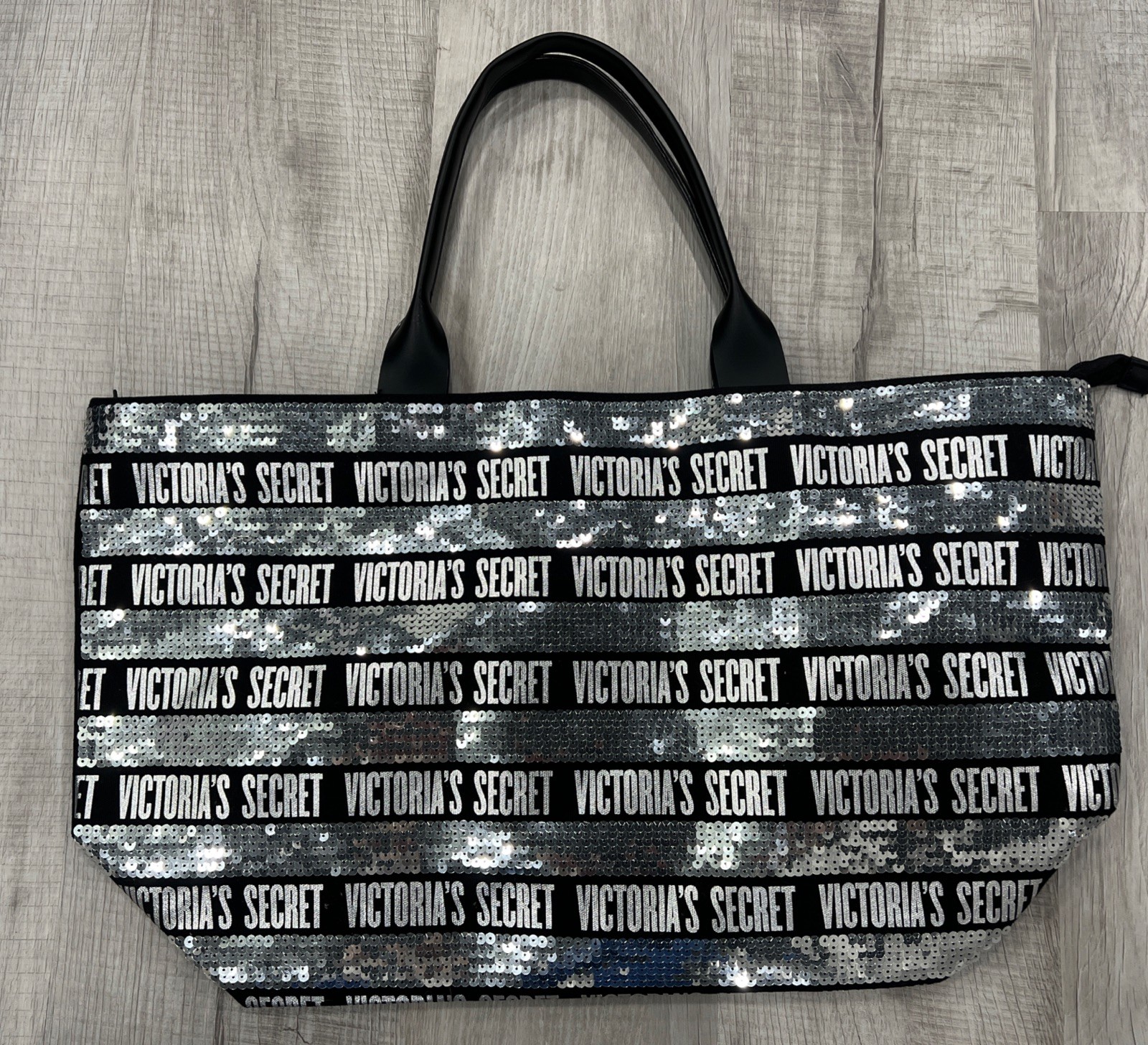 Victorias Secret Black Silver Sequin Bling Logo Extra Large Tote Bag W/ Handles
