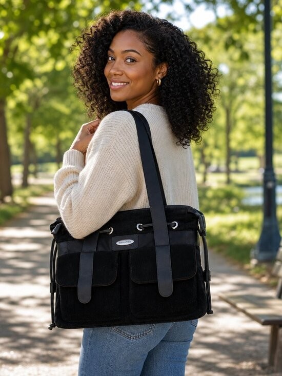 Samsonite Black Corduroy Zipper and Drawstring Tote with Matching Pouch