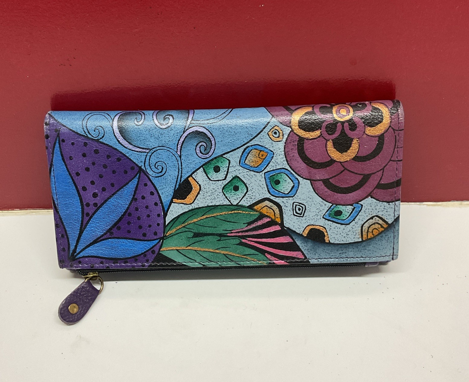 Anna By Anuschka Tri-Fold Organizer Clutch/Wallet “Tribal Potpourri” Eggplant?