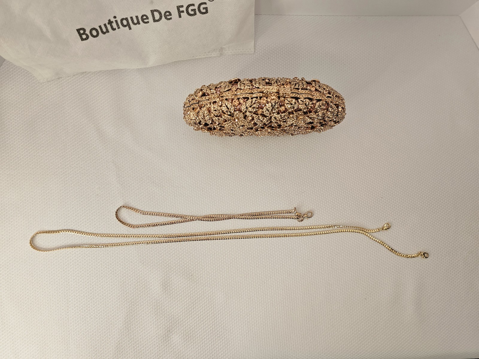 Boutique De FGG Rose Gold Rhinestone Floral Clutch Minaudiere w/ 2 Chain Straps