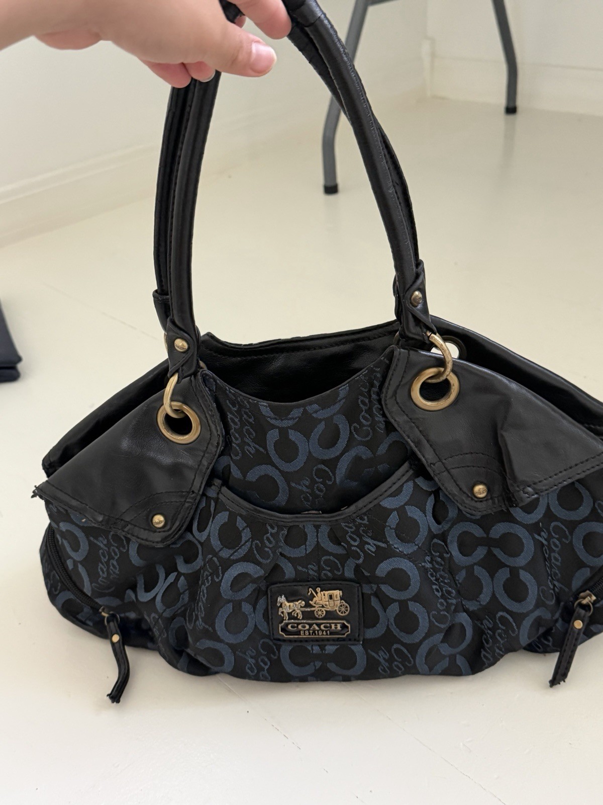Coach Black Blue Signature Logo Jacquard Satchel Top Handle Bag Zip