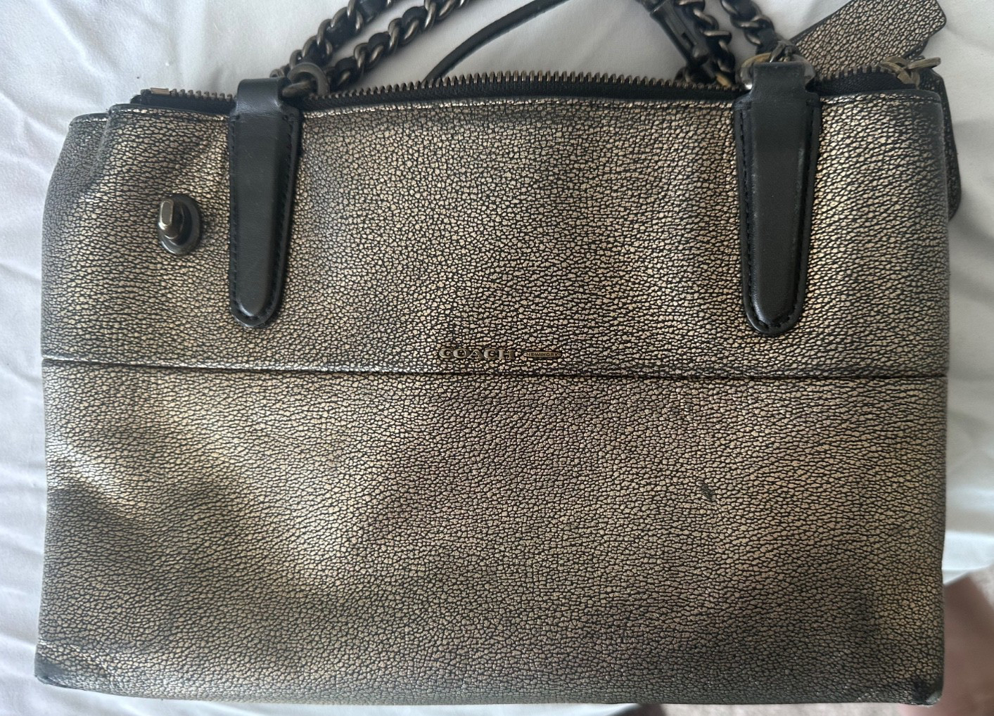 Coach Metallic Silver Gold Leather Chain Strap Tote Shoulder Bag Purse