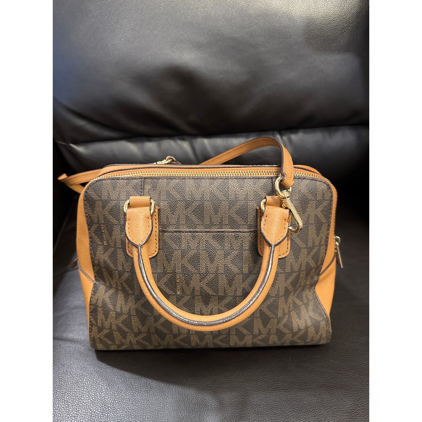 Michael Kors Sandrine Studded Small Satchel Crossbody Bag Brown MK Signature