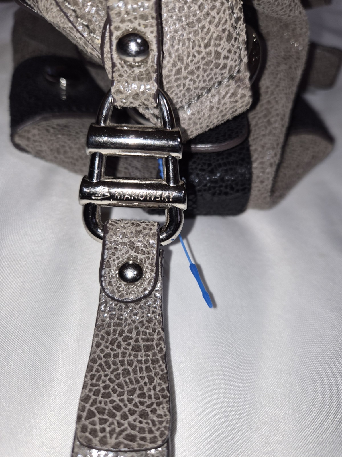 B. Makowsky Taupe & Black Leather Satchel Shoulder Purse Bag