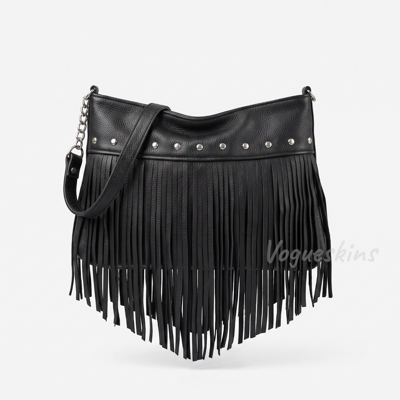 Black Leather Fringe Bag Studded Chain Strap Purse Boho Rocker Crossbody Bag