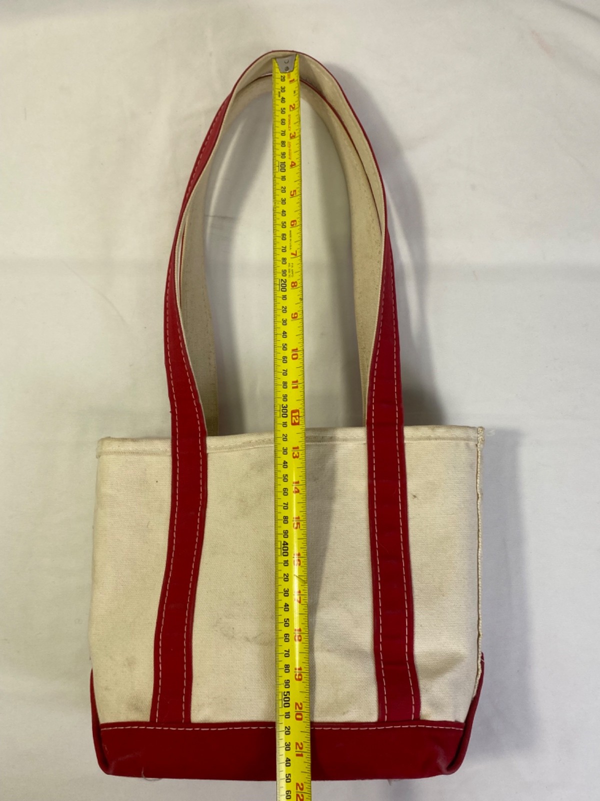 L.L. Bean Boat and Tote Small Cream Burgundy Zip Top Good Long Handle Canvas