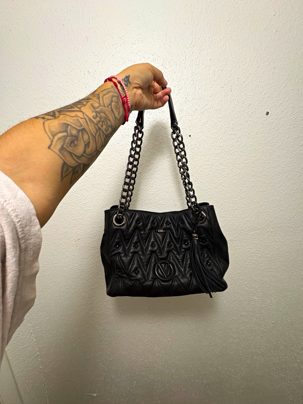 Mario Valentino Women’s Black Quilted Shoulder Bag Chain Strap Tassel Medium