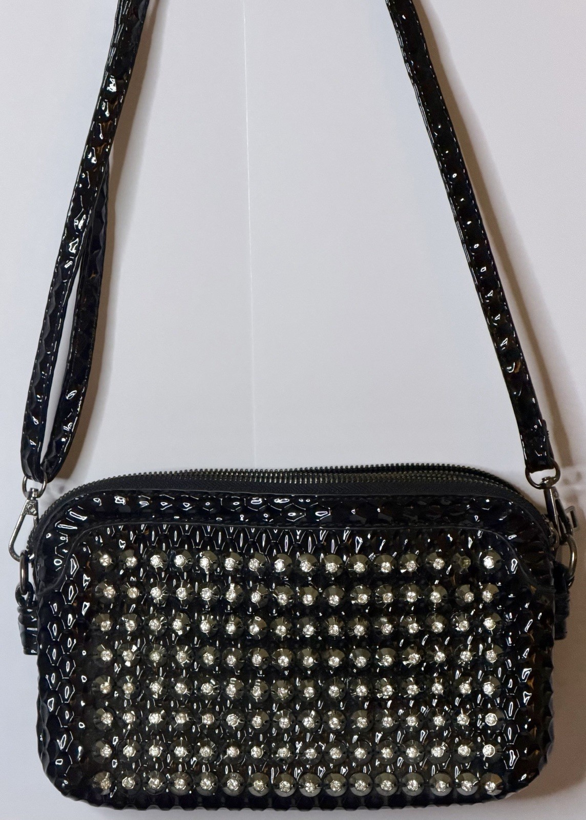 Conan Black Patent Rhinestone Double Zip Shoulder Bag Preowned Excellent