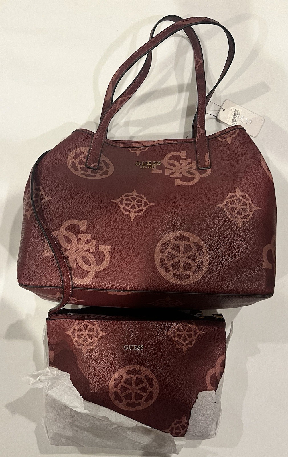 NWT Guess Vikky Tote 2 Piece Set, Merlot And Tan Color