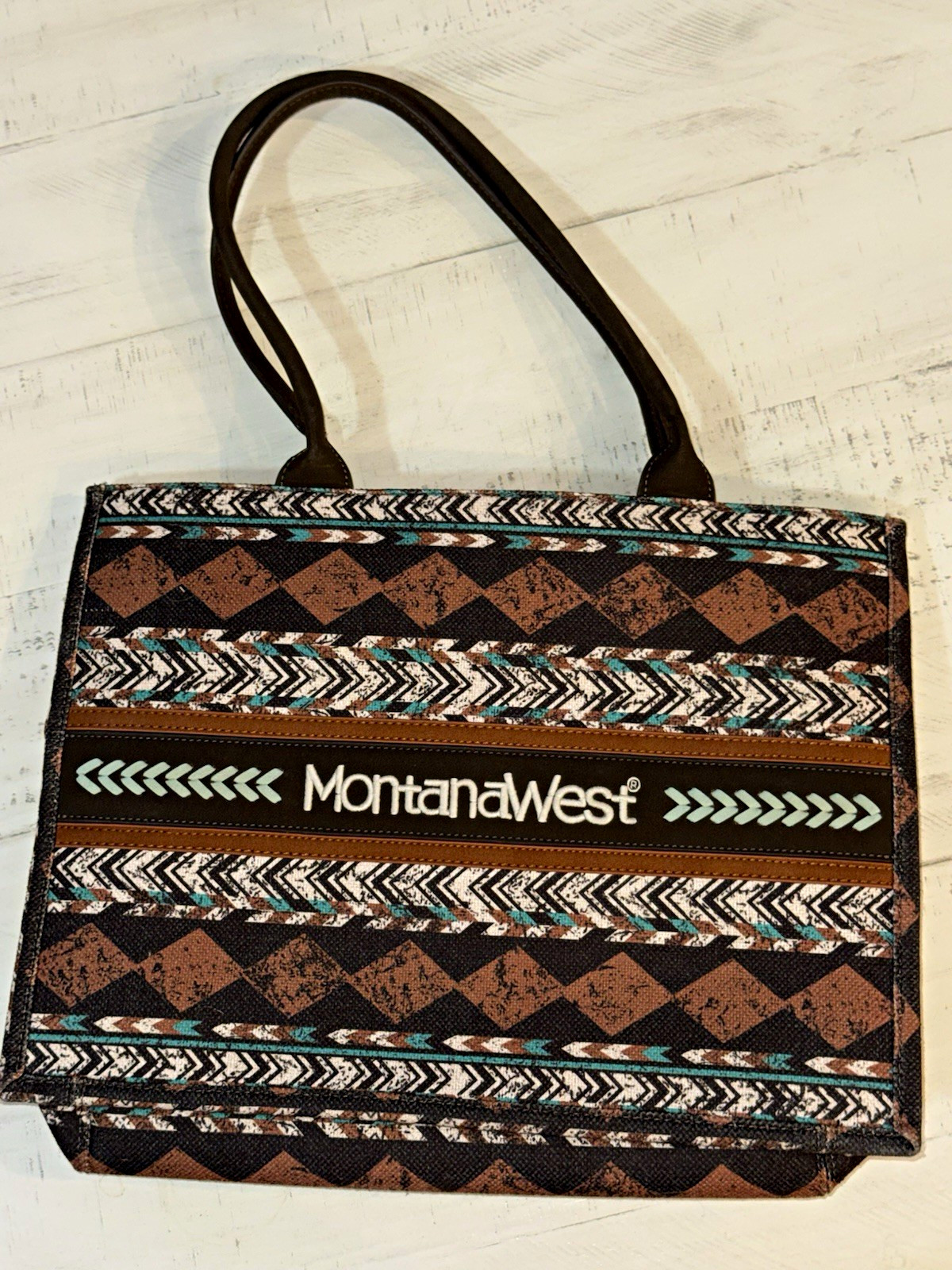 Montana West Geometric Western Tote Bag Brown Black Turquoise Zip Pockets