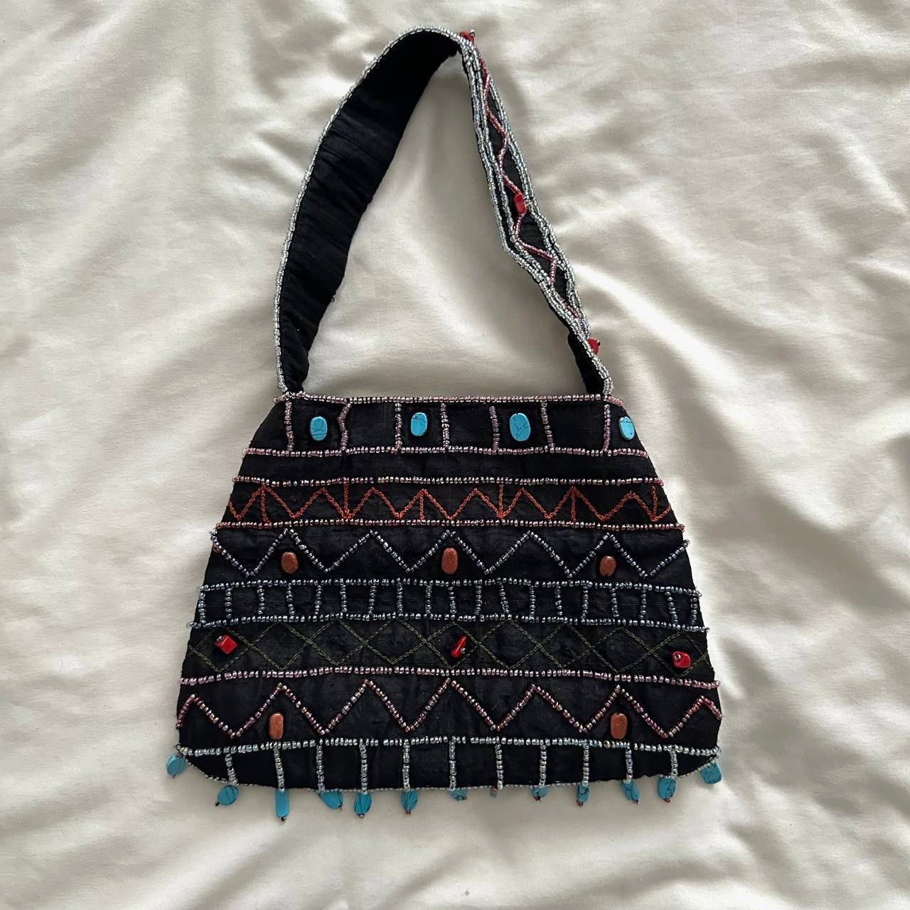 Vtg Black Beaded Purse w/ Turquoise Fringe Raw Silk Boho Whimsigoth Y2K Fairy