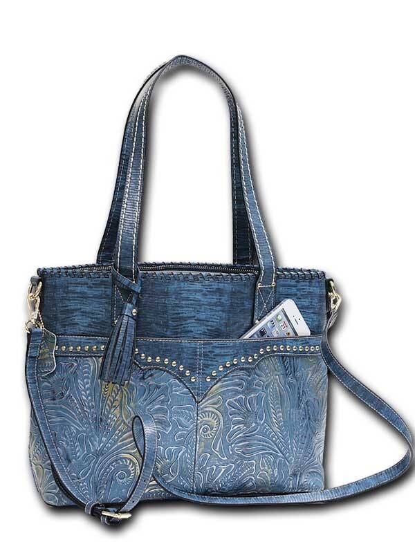 MC HANDBAGS #5180 MARGIE Tooled Embossed Genuine Leather Tote in Blue