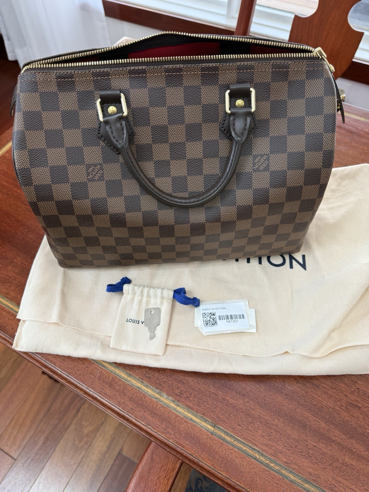 Louis Vuitton Speedy 30 Damier Ebene Brown Zip Top Top Handle Satchel Red COA