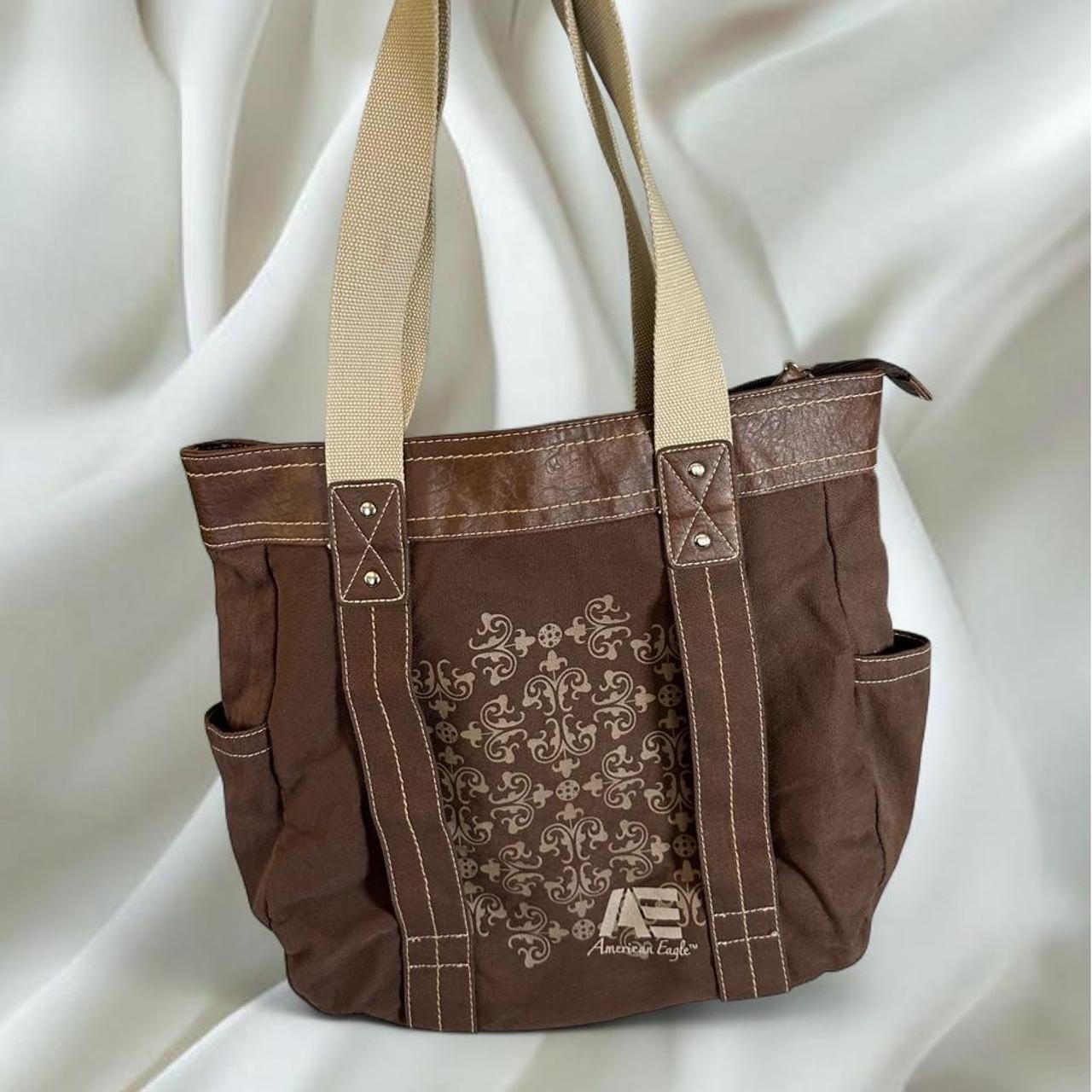 American Eagle brown canvas tote bag ornate pattern y2k vintage mcbling