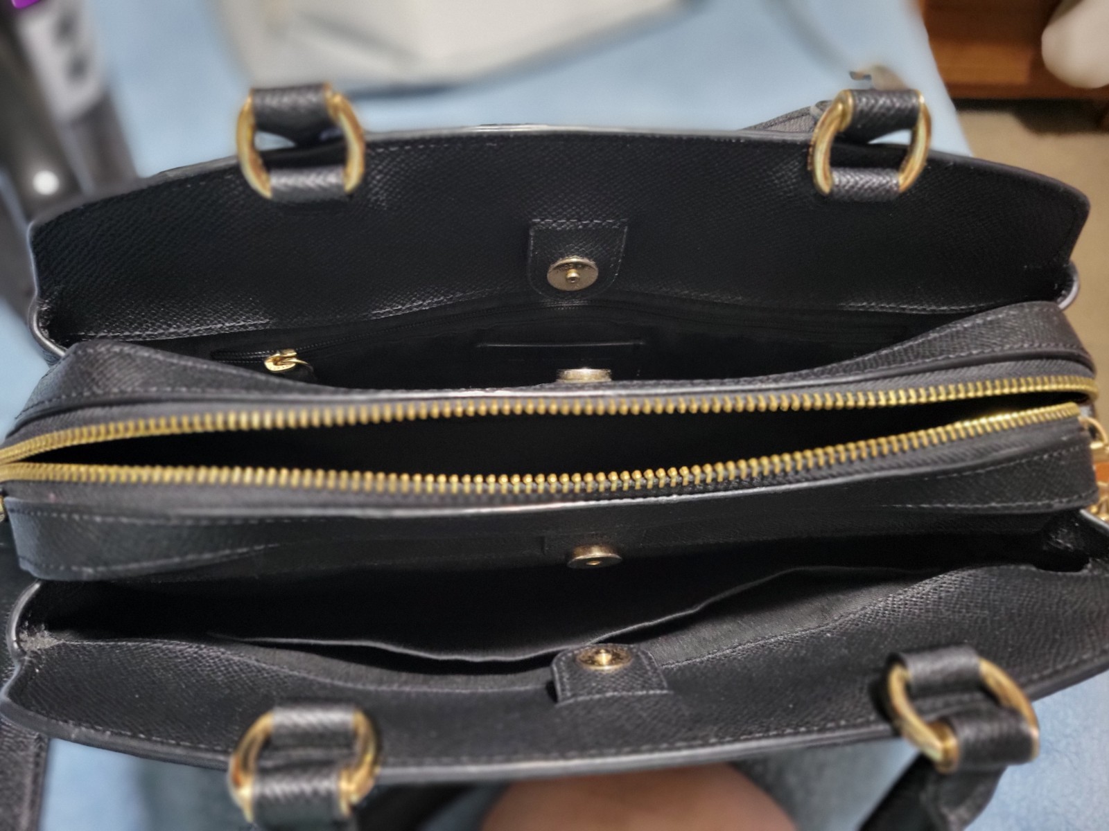 Coach Lillie Carryall, Black Crossgrain Leather, Goldtone Hardware