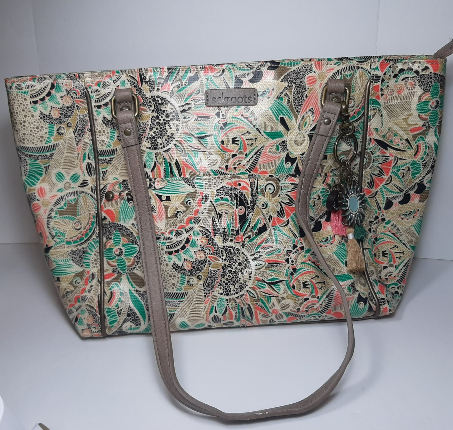 SAKROOTS Coated Canvas Floral Aqua Pink Tan MEDIUM SATCHEL PURSE with Charms
