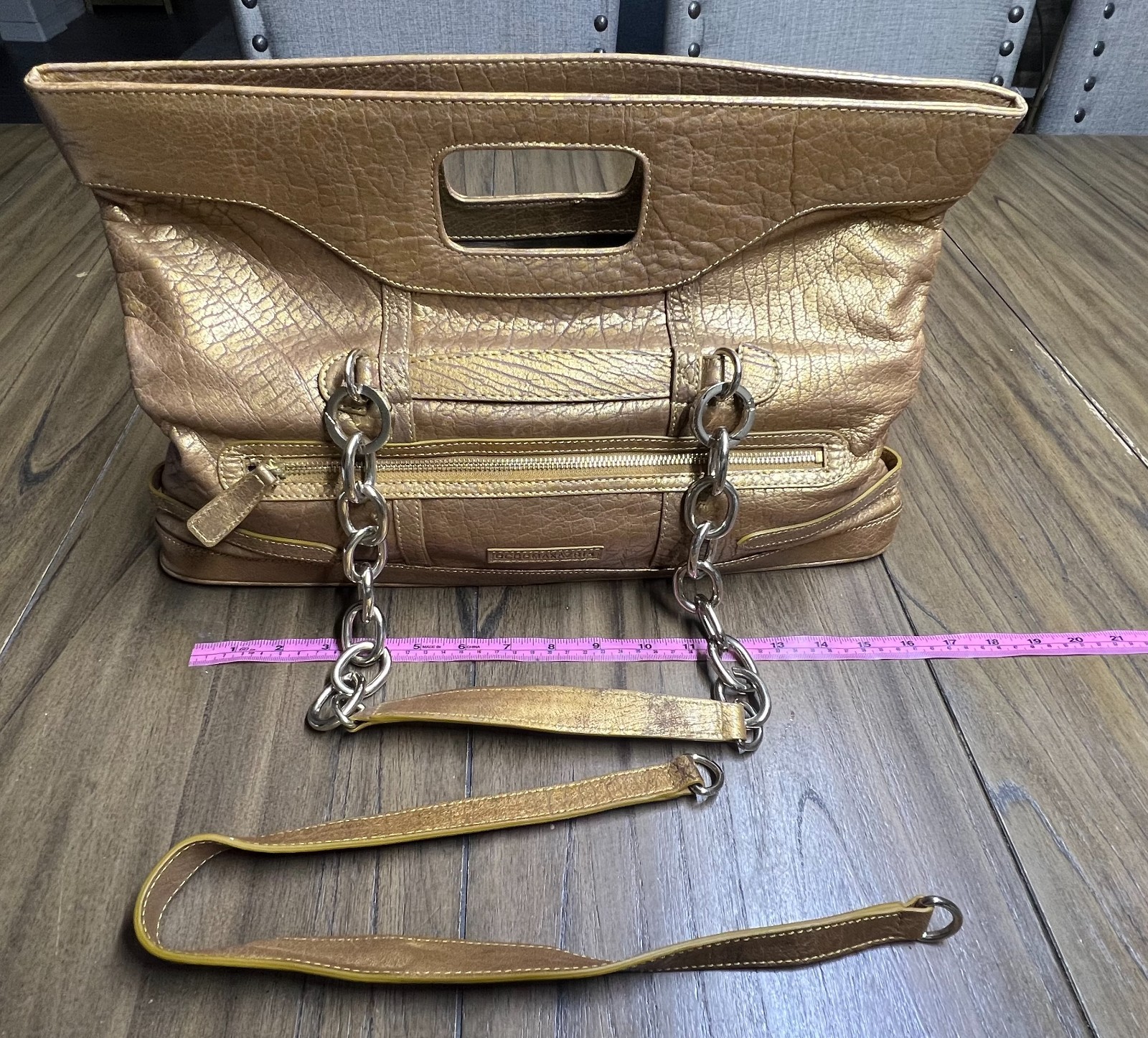 BCBGMaxazria Purse Handbag Shoulder Gold Leather Strap Hardware Large