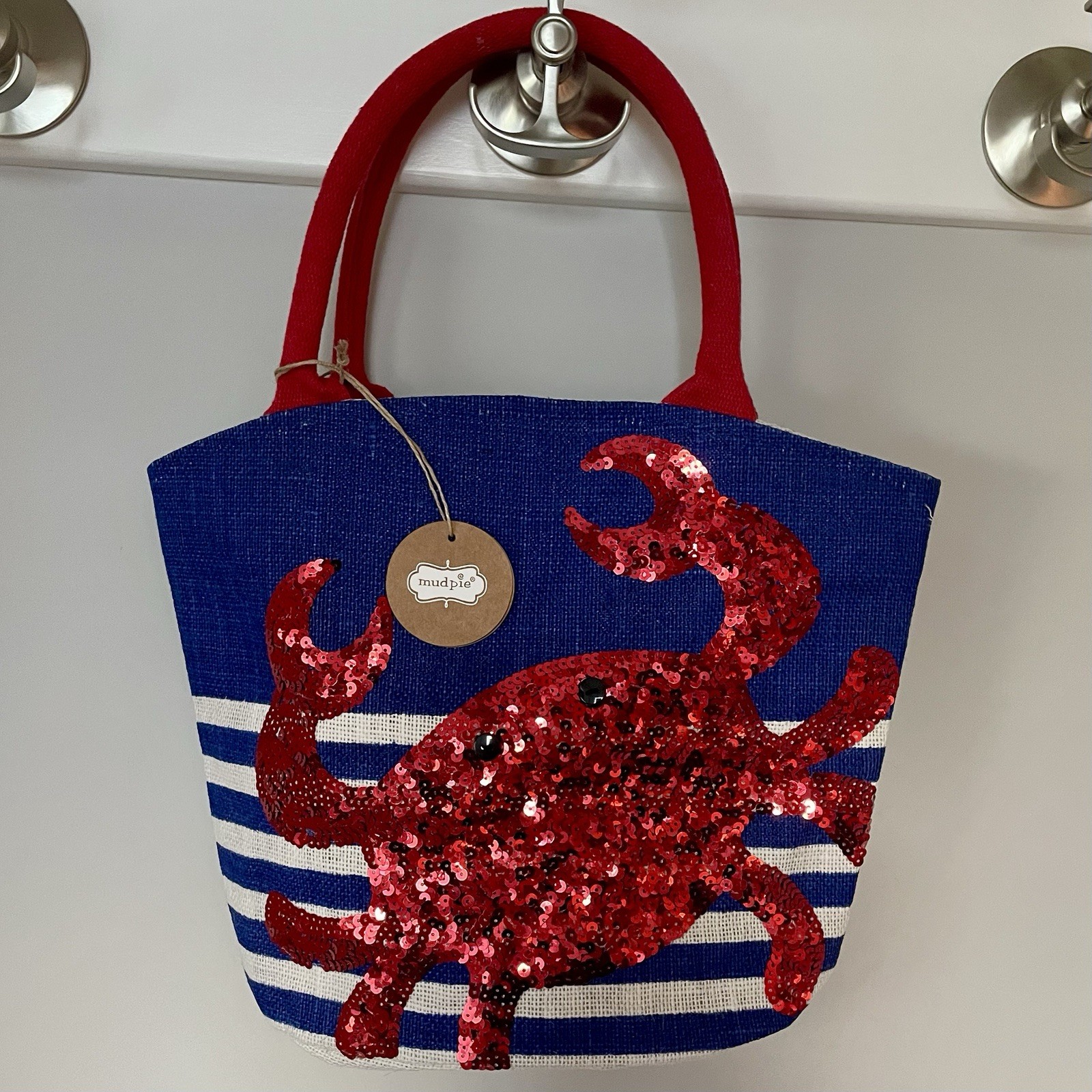 Mudpie Small Tote Bag Red Sequin Crab Nautical Coastal Beach NEW