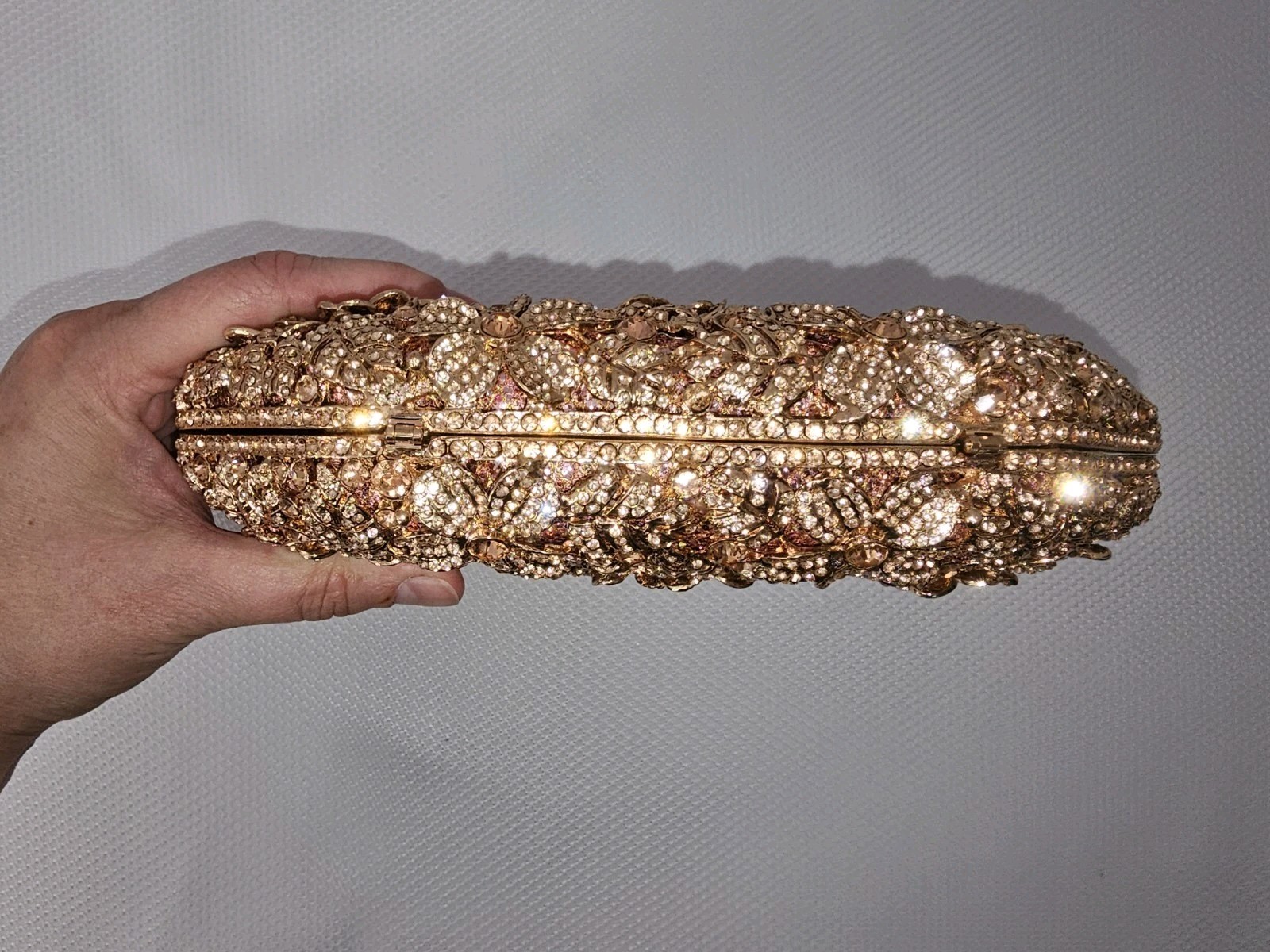 Boutique De FGG Rose Gold Rhinestone Floral Clutch Minaudiere w/ 2 Chain Straps