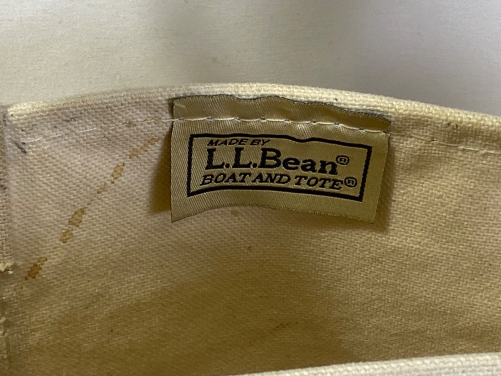 L.L. Bean Boat and Tote Small Cream Burgundy Zip Top Good Long Handle Canvas