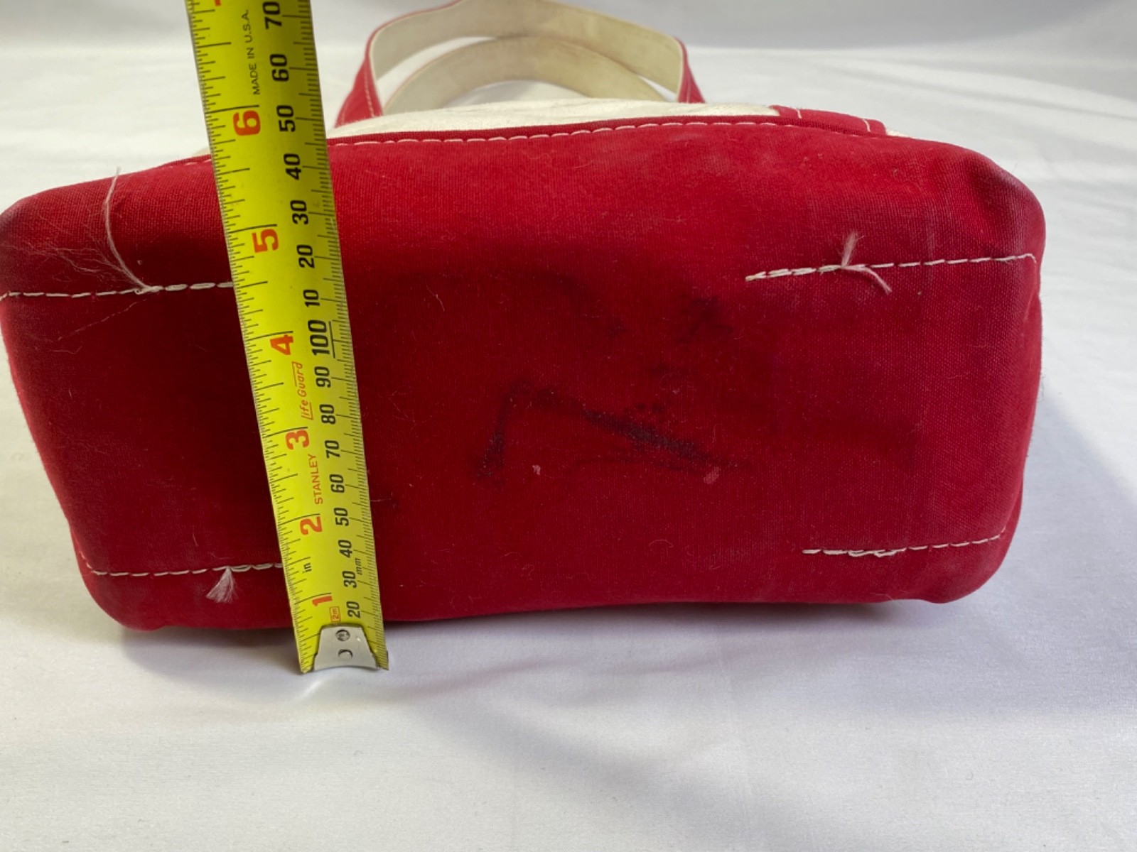 L.L. Bean Boat and Tote Small Cream Burgundy Zip Top Good Long Handle Canvas