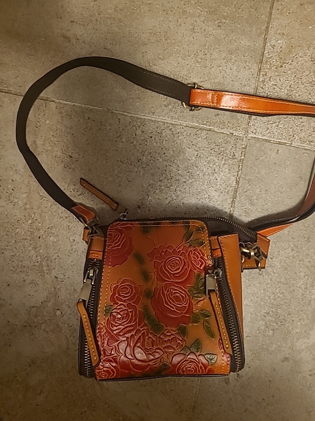 Hand Tooled Genuine Cow Leather Floral Embossed Design Crossbody Purse