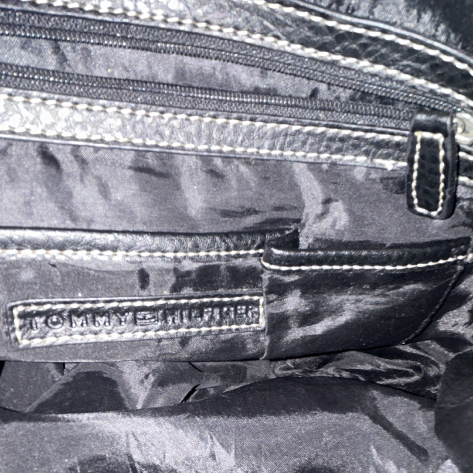Tommy Hilfiger Black Pebbled Hobo Bag for Women Silver Hardware Stitching Tassel