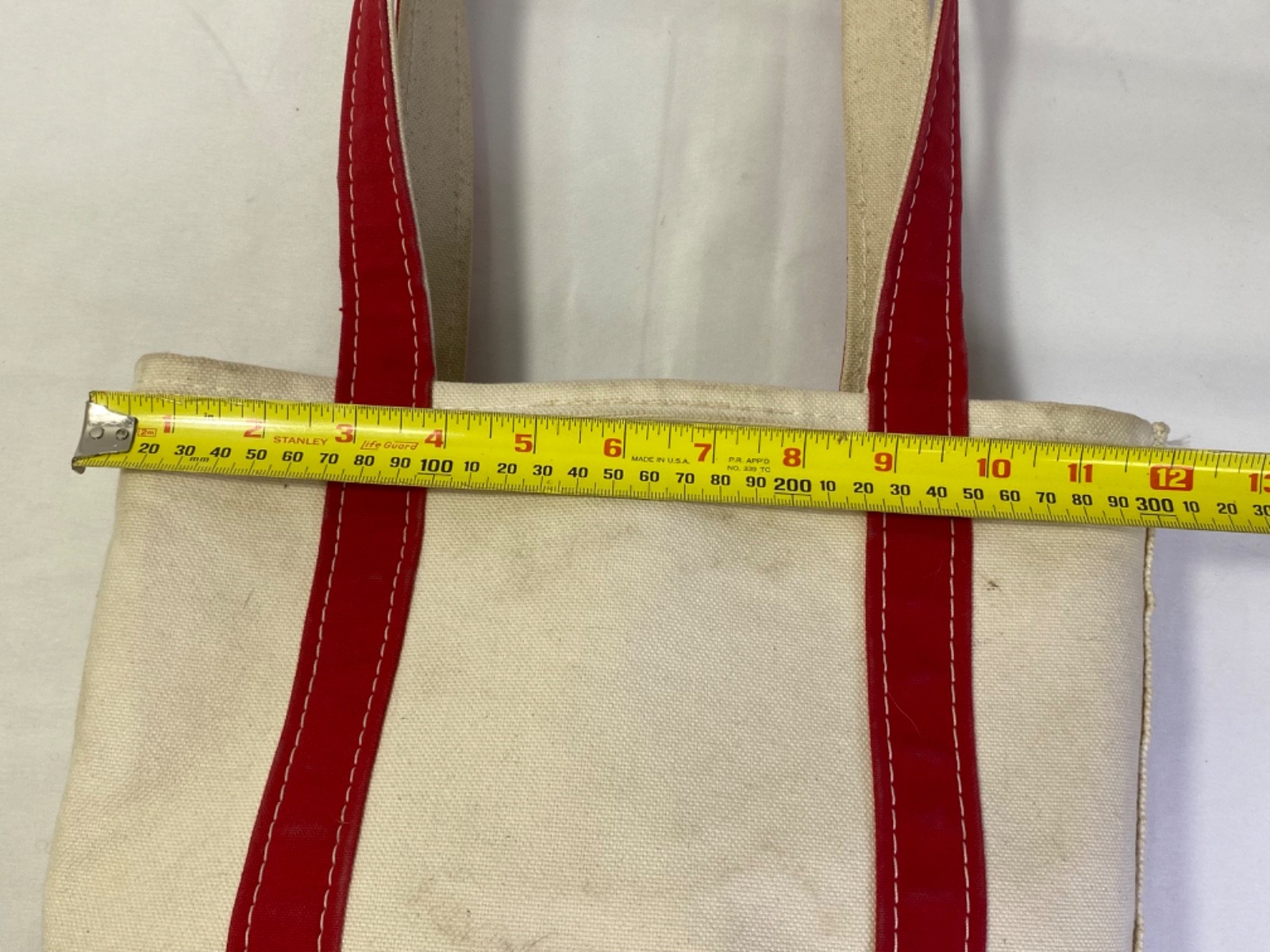 L.L. Bean Boat and Tote Small Cream Burgundy Zip Top Good Long Handle Canvas