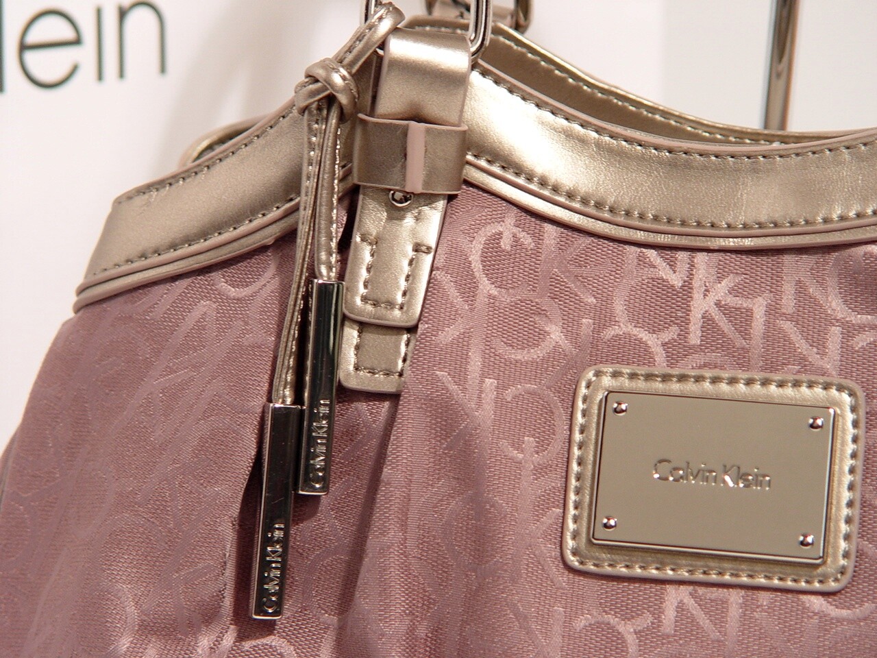Calvin Klein Logo Jacquard Mauve Pink Metallic Gold Handbag Purse Satchel Bag