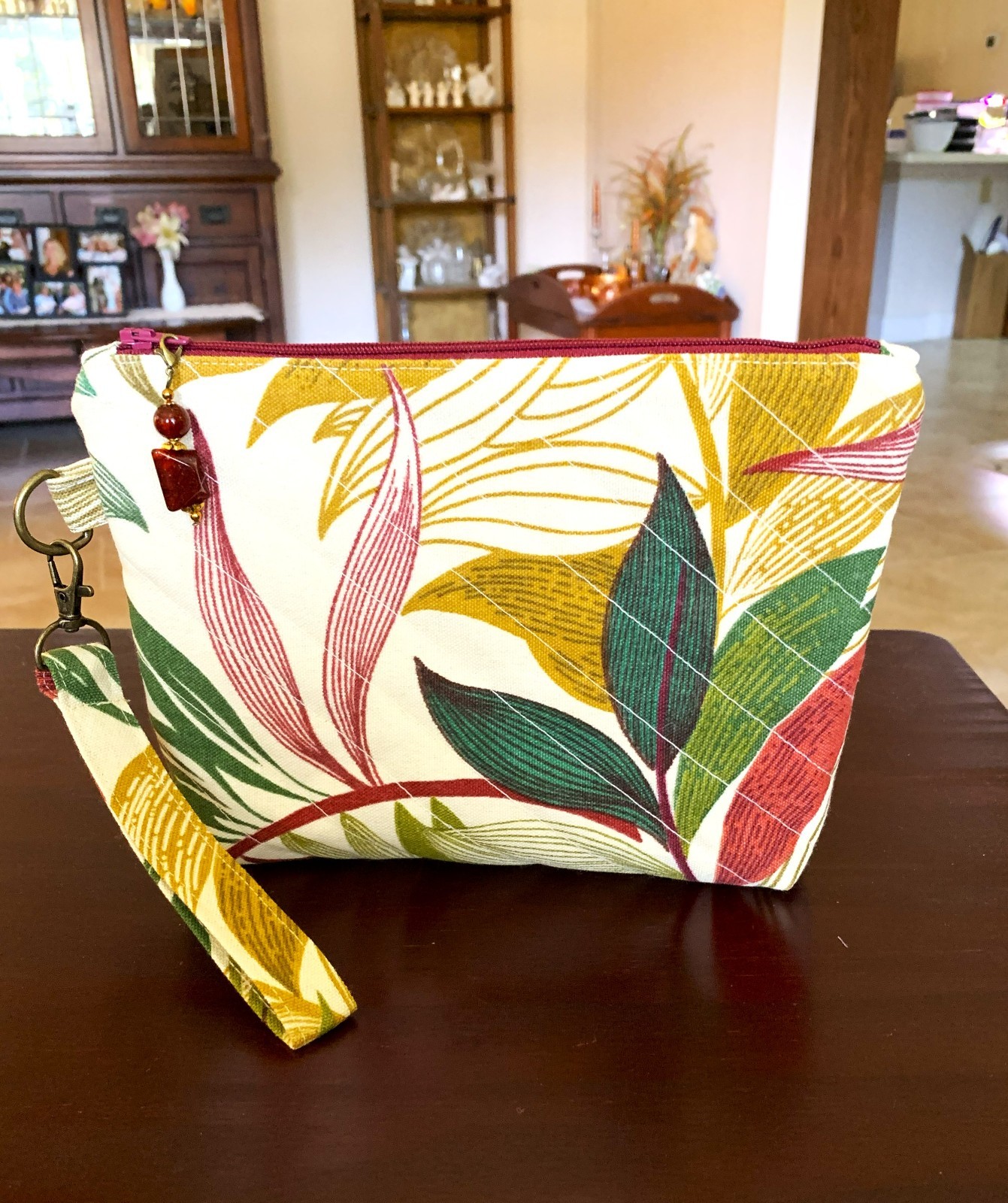 Handmade Quilted Upholstery Fabric Wristlet Zip Pouch w/ Beaded Zipper Pull