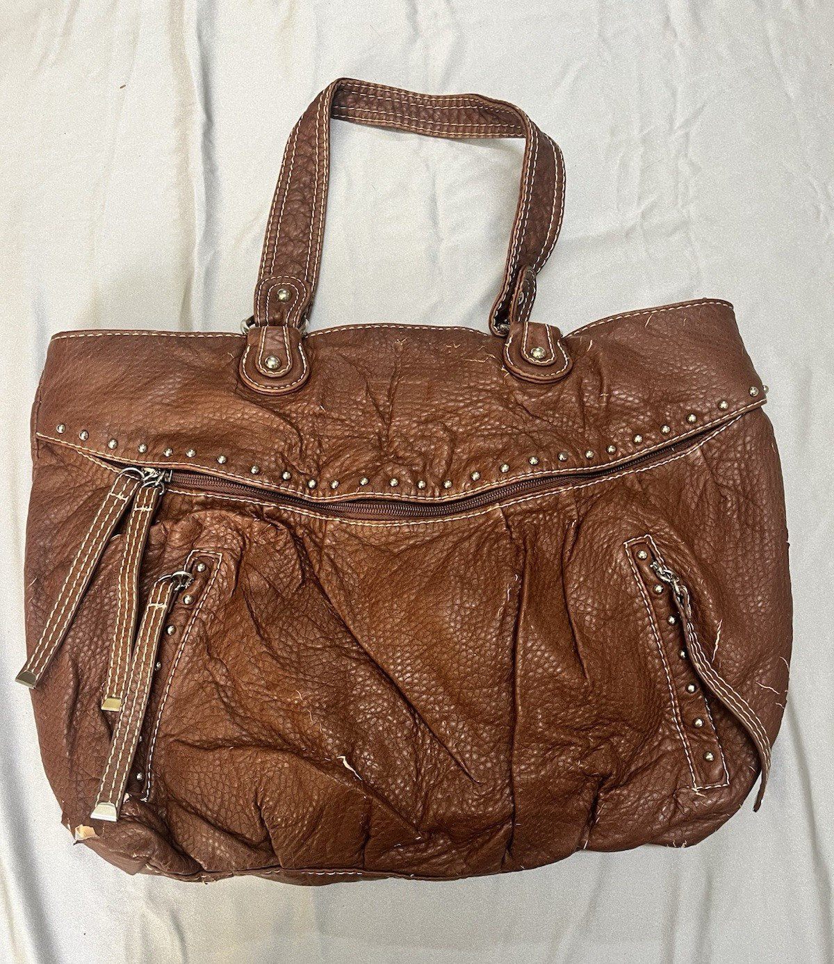 Nine West Brown Pebbled Studded Large Tote Zip Top w/ Charm Pockets
