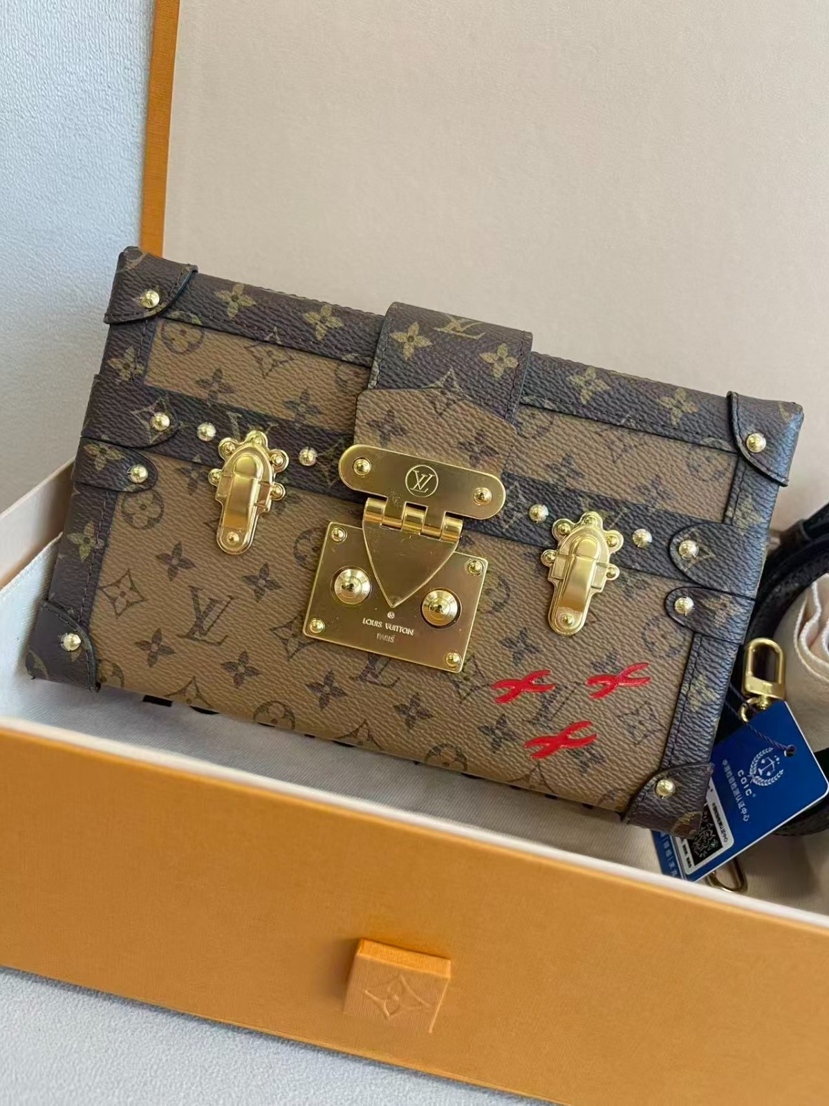 Louis Vuitton Petite Malle Caramel Monogram Color‑Block Hard Case Bag