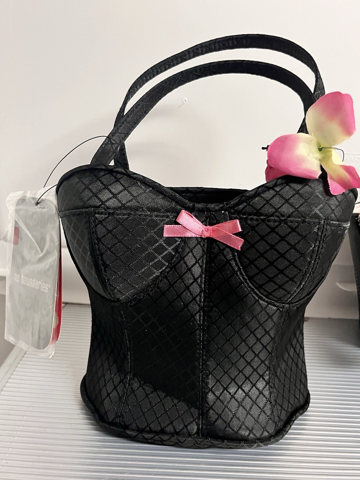 Vintage Y2K Black Corset/Bustier Style Purse With Pink Bow & Floral Pin; 1 Purse