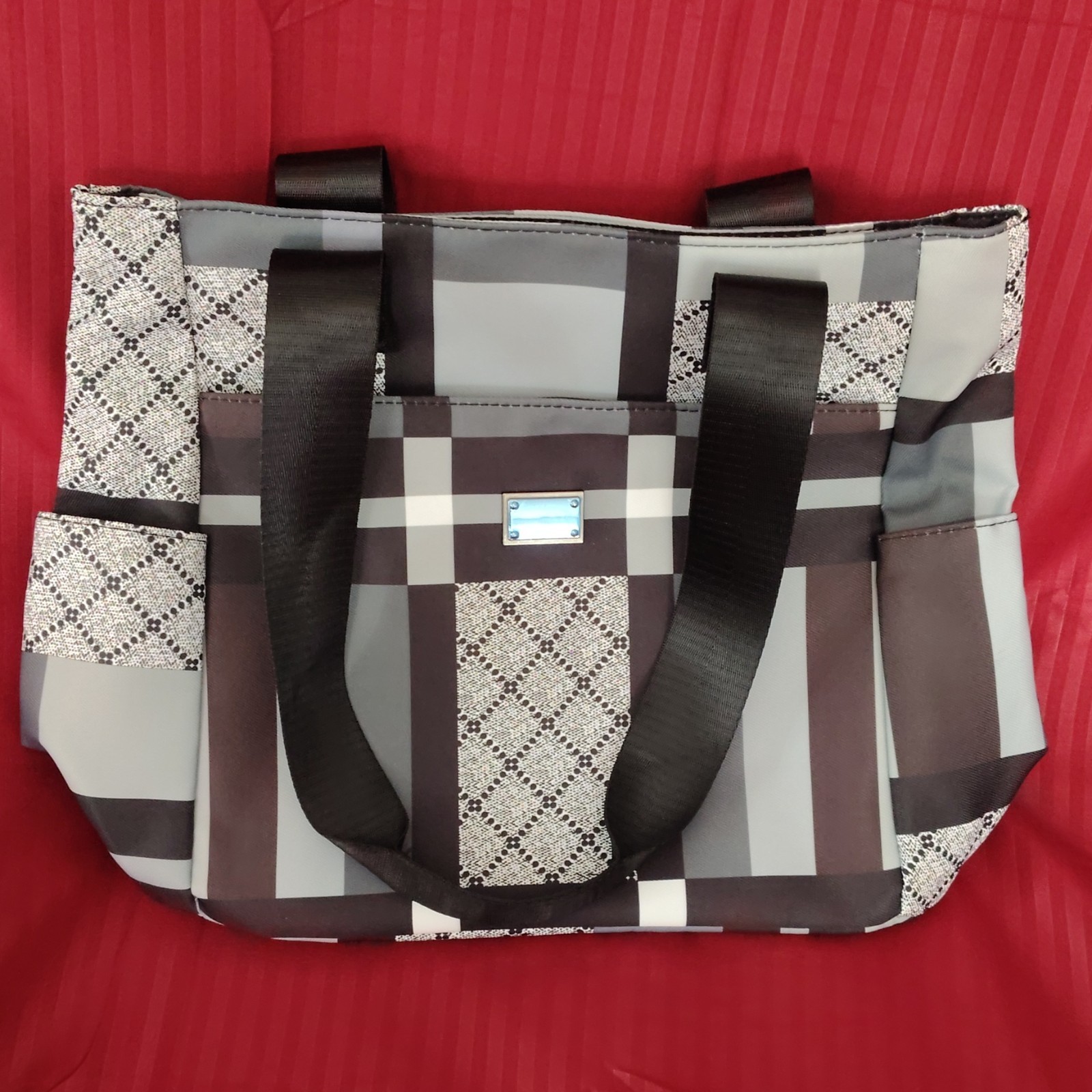 Gray Black White Plaid Minnie Mouse Tote Zip w/ Pouch Organizer Adjustable Strap