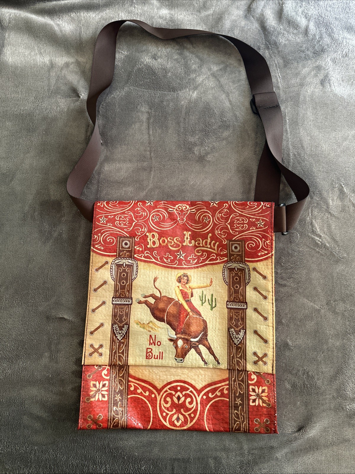 Blue Q Boss Lady Cowgirl Western Printed Shoulder Bag Brown Beige Red